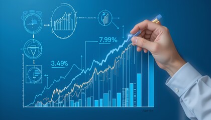business man drawing a business growing graph on a blue background.
