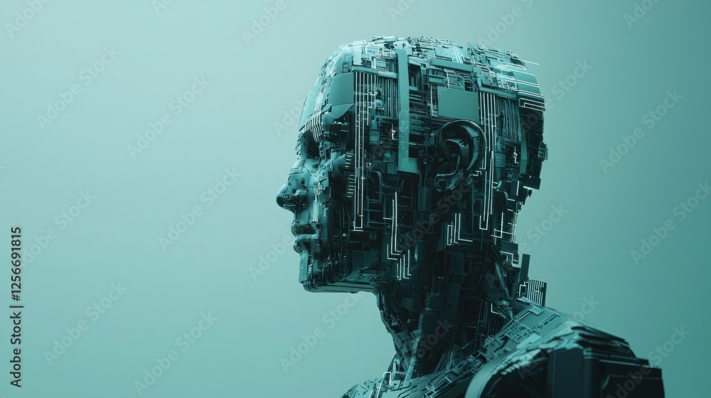 Poster futuristic profile of a human-like robot with circuit patterns
