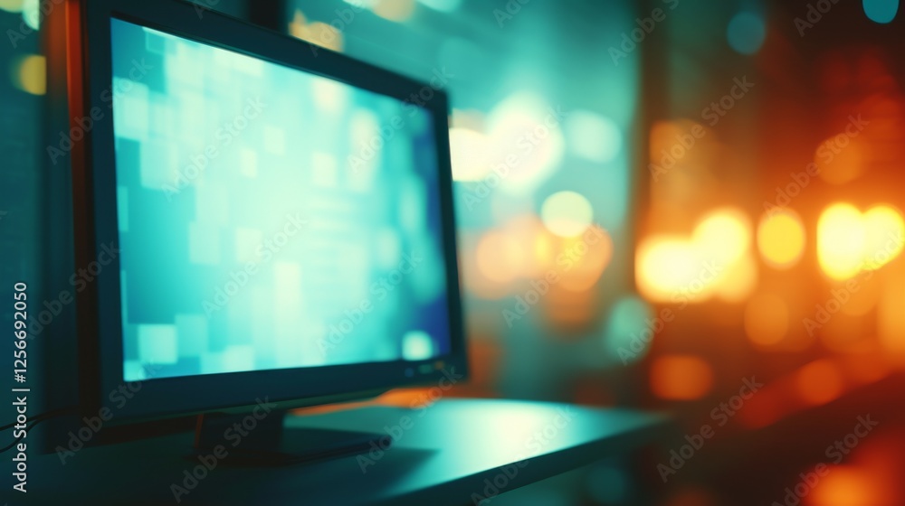 Poster a desktop computer monitor stands in a room illuminated by warm, blurred lights, creating a cozy and
