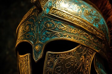 Naklejka premium Ancient Greek Warrior Helmet: A Masterpiece of Ornate Design