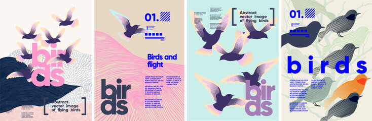 Birds. Vector abstract modern illustrations of birds in flight and sitting on tree for poster, flyer, brochure, cover or background
