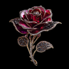 Jewelry brooch in rose shape, elegant, detailed design, with gemstones, luxurious background.
