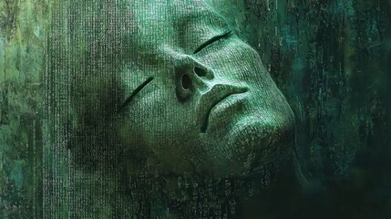 Ethereal Face Emerging from Digital Patterns and Green Light Effects