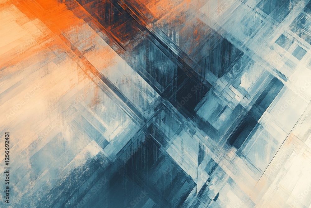 Poster abstract geometric shapes in orange and blue hues, creating a dynamic and modern composition.