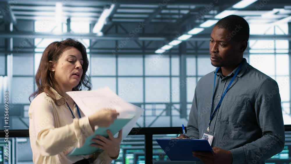 Poster data center team reviewing paperwork files in high tech server room, analyzing critical system repor