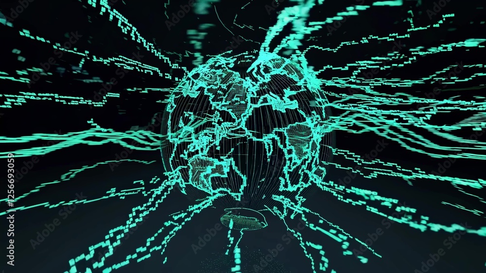 Poster rotating digital planet earth surrounded by flowing data and connections, illustrating the essence o