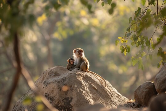 Mother monkey tenderly cradles her baby on a sunlit rock, nestled within a lush green forest.