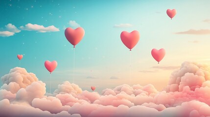 Romantic Sky filled with Heart Shaped Balloons and Fluffy Clouds at Sunset