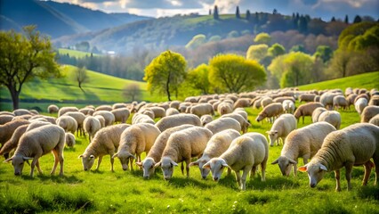 Obraz premium Flock of Sheep Grazing in Pastoral Landscape