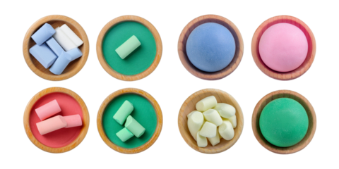 Colorful Assortment of Play Dough in Wooden Bowls on White Background