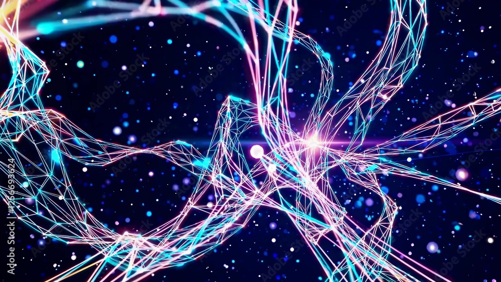Poster vibrant abstract network of glowing lines and nodes against a cosmic backdrop, creating a futuristic