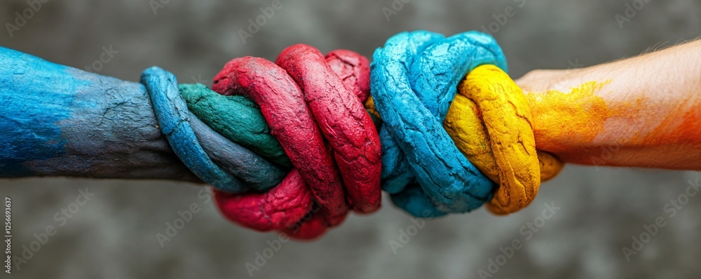Poster Two people joining hands painted in different colors making a knot as a symbol of unity