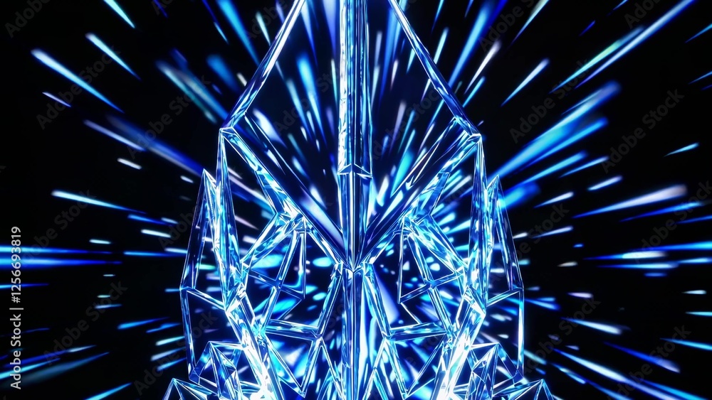 Aufkleber abstract crystal structure bursting with vibrant blue light streaks against a deep black background,