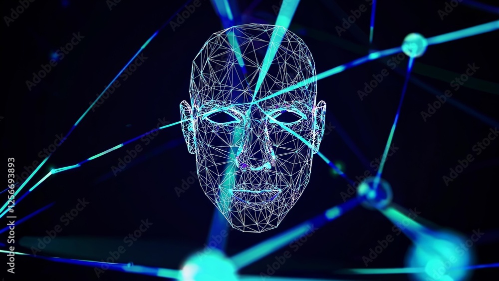 Poster digital wireframe face surrounded by glowing lines and nodes, representing artificial intelligence a