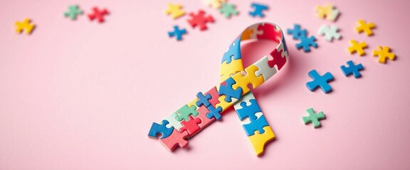 Obraz premium Autism Awareness ribbon made from a variety of colorful puzzles On pastel pink Background