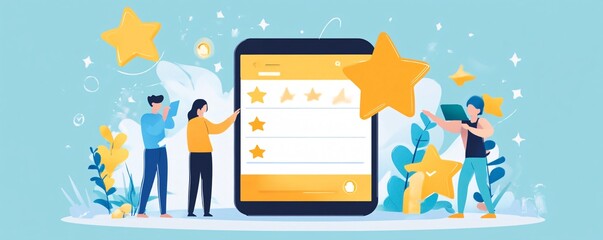 Fototapeta premium People leaving positive feedback with five stars rating on giant smartphone
