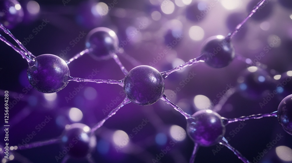 Poster abstract 3d rendering of interconnected purple spheres, resembling a molecular structure or network.