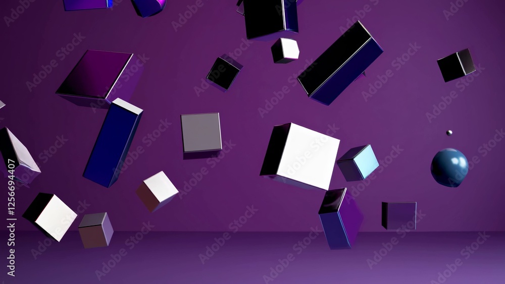 Poster dynamic composition featuring floating geometric shapes, including cubes and spheres, set against a 