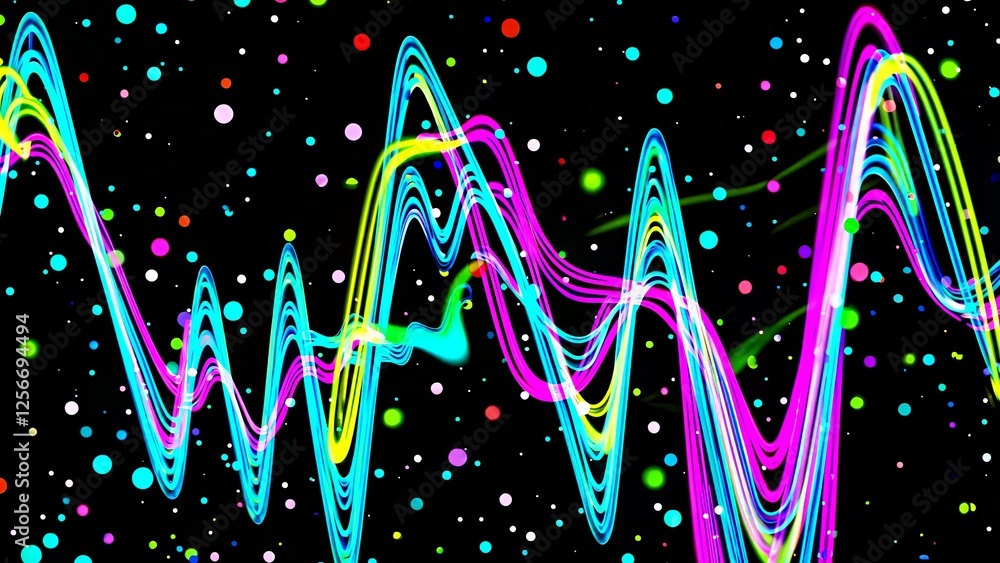 Poster dynamic neon waves intertwine with colorful dots against a black background, creating a lively and e