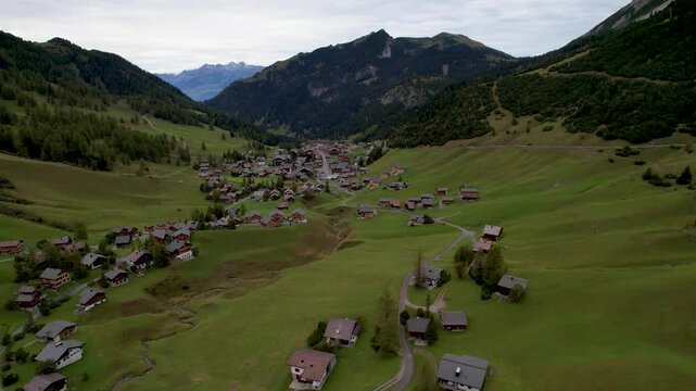 Beautiful aerial Footage of Malbun the Alps and the small town in Liechtenstein