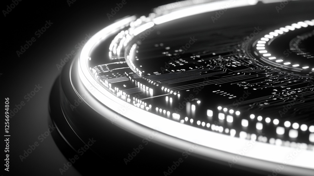 Poster close-up of a futuristic circular circuit board with glowing edges, showcasing intricate details and