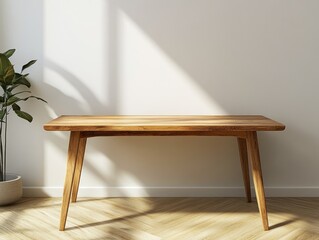 Minimalist Interior Design: Wooden Table with Plant and Shadow Play