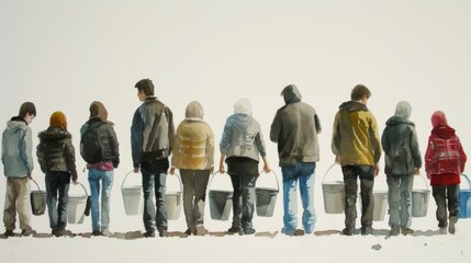 A multicultural group standing in perfect alignment, each carrying buckets, symbolizing teamwork and mutual effort in an outdoor setting. AI generated.
