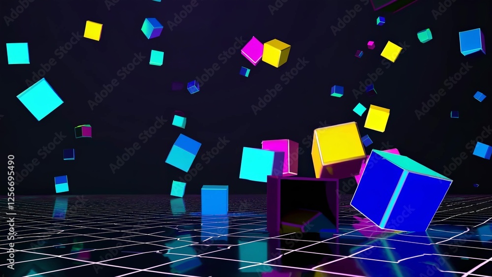 Poster colorful cubes float dynamically against a dark background, creating a sense of movement and depth. 