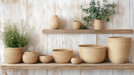 Fototapeta premium A beautifully arranged display of handwoven straw baskets in different sizes on a wooden shelf. Copy space.