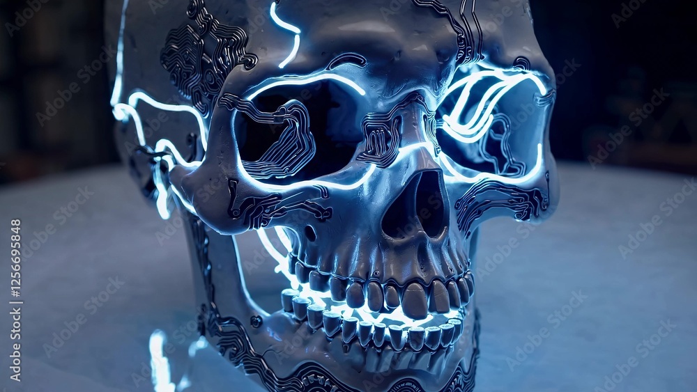 Poster metallic skull adorned with intricate neon blue circuit patterns, blending technology and art. the g