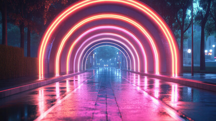Neon Rainbow Tunnel at Night Wet Road Cyberpunk Cityscape