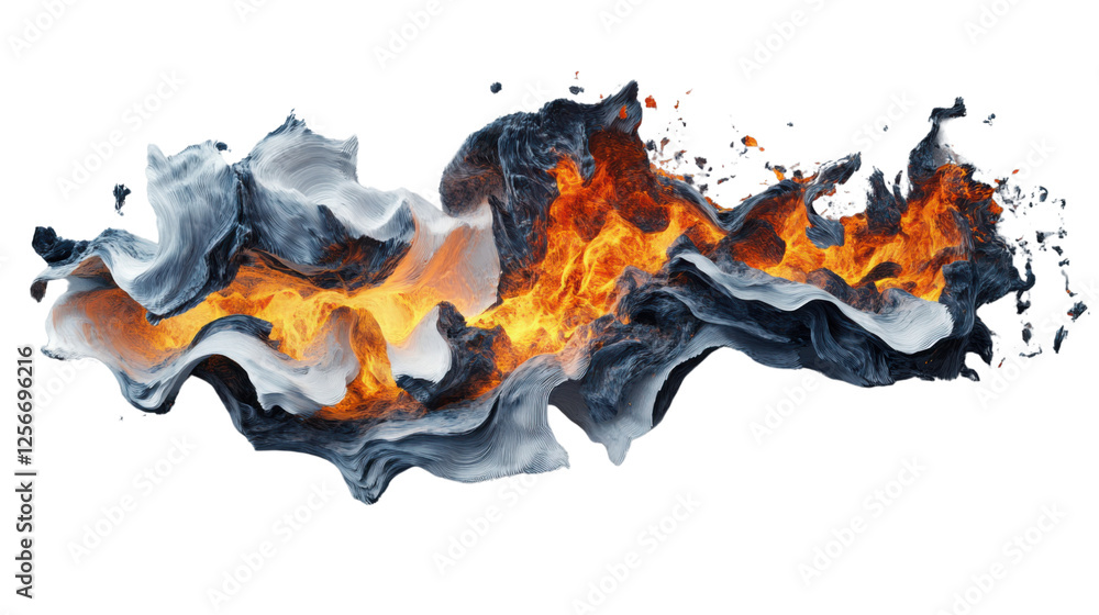 Poster fiery lava stream flowing through ice on transparent background