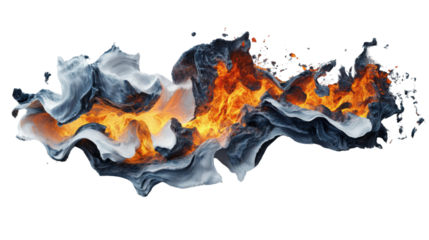 Fiery lava stream flowing through ice on transparent background