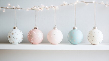 A close-up of delicate hand-painted ceramic ornaments arranged on a shelf. Copy space.