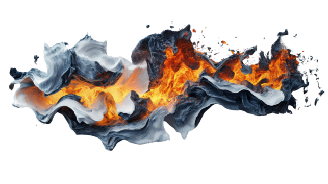 Fiery lava stream flowing through ice on transparent background