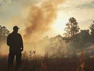 Fototapeta premium Silhouette of Man Watching Controlled Burn in Forest at Sunrise