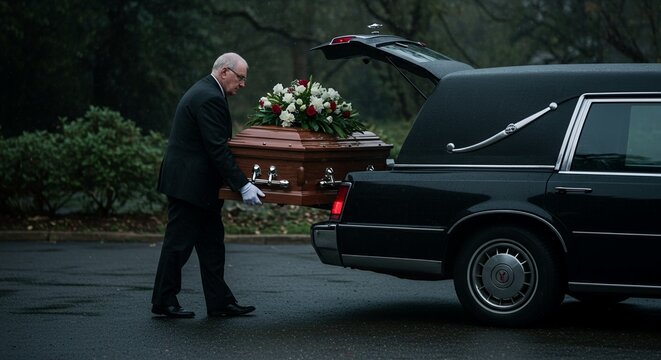 Funeral director loading a coffin into a black hearse