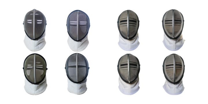 Collection of Fencing Masks Displayed in Various Colors on White Background - Powered by Adobe