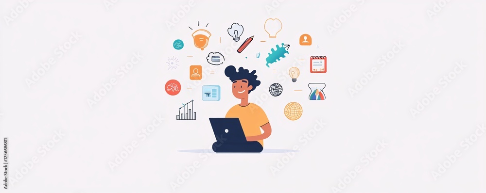 Poster Young man brainstorming and planning a new business startup project while using a laptop to generate innovative ideas