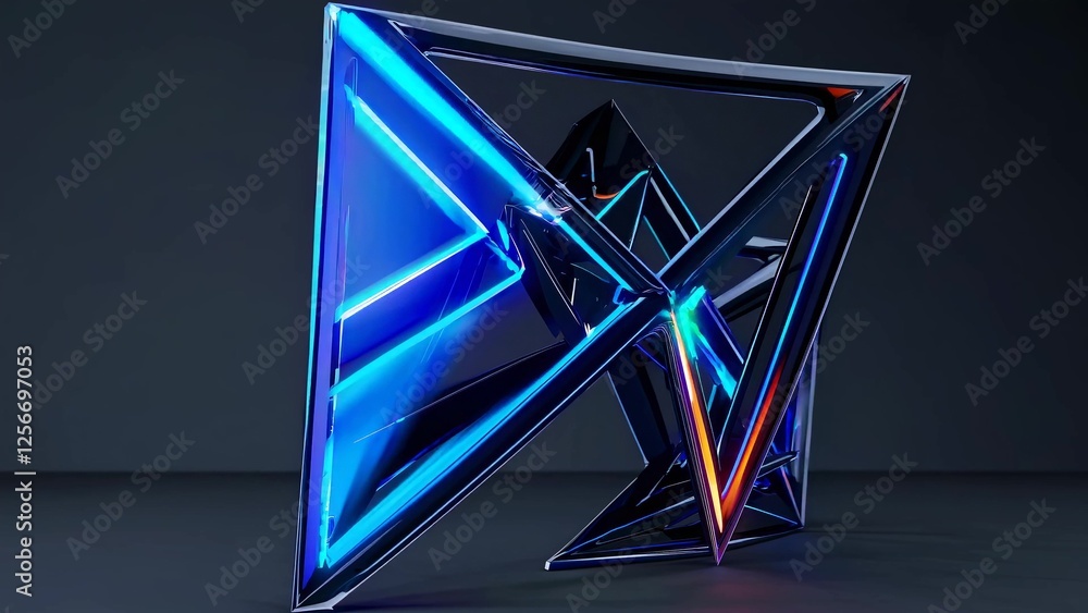 Poster complex structure made of intersecting triangular shapes emitting vibrant neon light, creating a vis