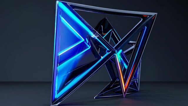 Complex structure made of intersecting triangular shapes emitting vibrant neon light, creating a visually captivating abstract composition on a dark background - Powered by Adobe