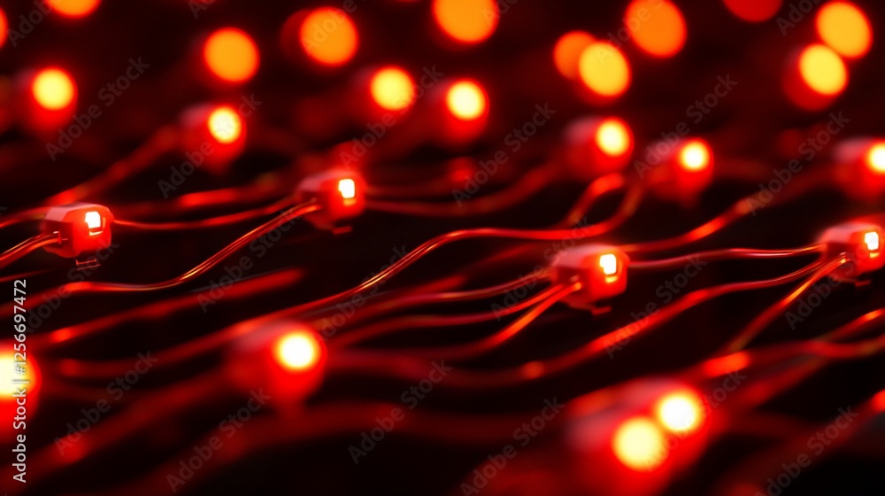 Poster red led lights arranged in wavy lines on a dark background, creating a warm and inviting ambiance.