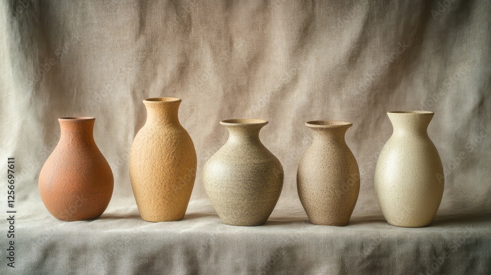 Poster a craft fair setup with handmade pottery vases in earthy tones arranged on a textured linen tableclo