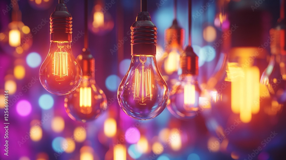 Aufkleber Many retro light bulbs are hanging and glowing in the dark with a colorful bokeh background