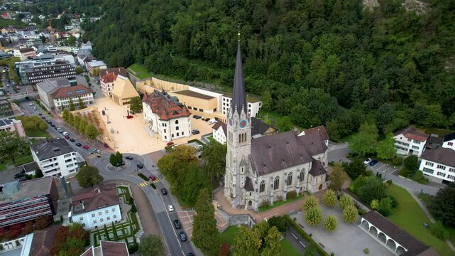 Beautiful aerial Footage of the city and the Castle of Vaduz in Liechtenstein