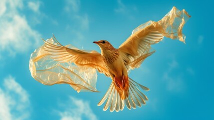 A mesmerizing bird sculpture crafted from translucent plastic bags, flying elegantly under a cloudy sky, showcasing artistic reuse and environmental themes. AI generated.