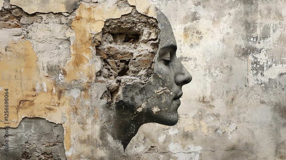 Poster image of a person's profile emerging from a deteriorating wall, evoking ideas of strength, fragility