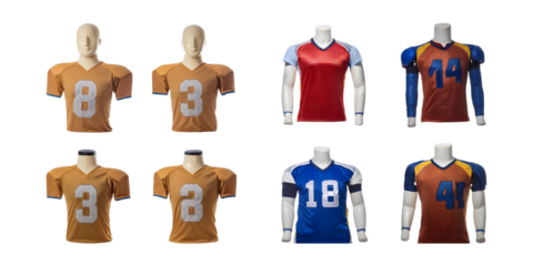 Variety of Colorful Football Jerseys Displayed on Mannequins