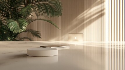 A digital entrepreneur's minimalist workspace in a hotel lobby, with a sleek laptop and phone stand. Copy space.