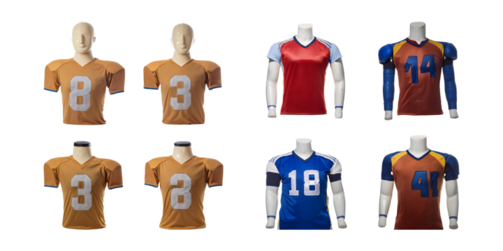 Variety of Colorful Football Jerseys Displayed on Mannequins